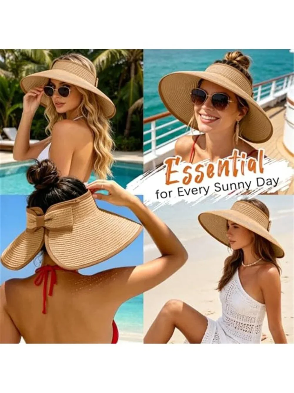 Sun Hats Visor for Women UV UPF Straw Beach Hat Foldable Wide Brim Ponytail